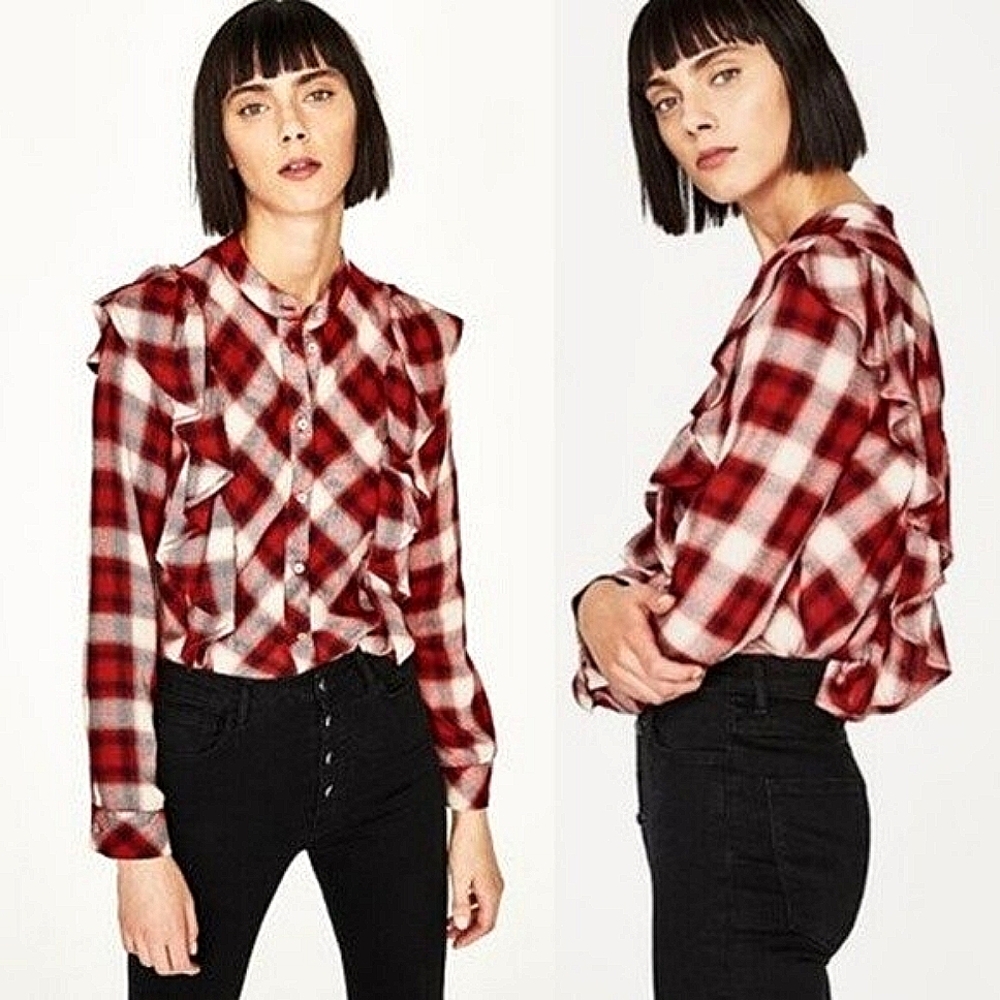 3 for $30! Zara Plaid Button Down Ruffle Shirt